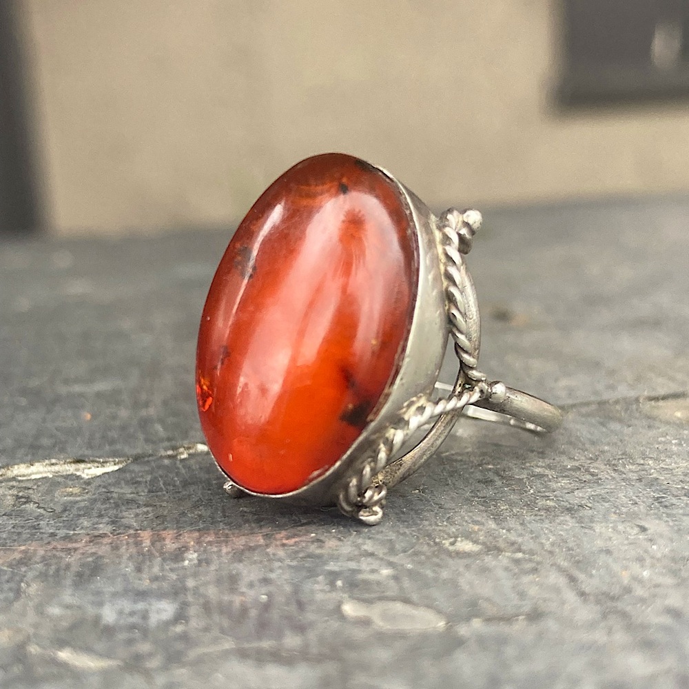Vintage Amber ring with sterling silver band ornate delicate unique